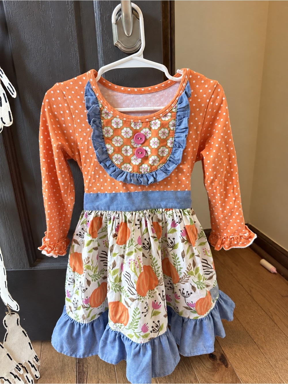 Eleanor Rose Orange Polka Dot Pumpkin Dress with Blue Trim - 3T